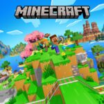 Steve e Alex correm por um mundo de Minecraft com vários biomas, criaturas, água e o logótipo do jogo.