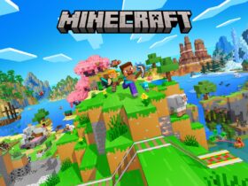 Steve e Alex correm por um mundo de Minecraft com vários biomas, criaturas, água e o logótipo do jogo.