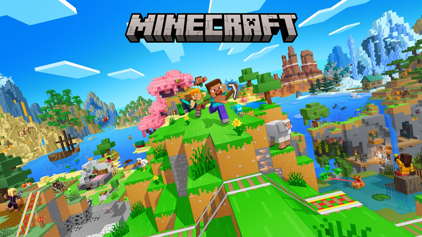 Steve e Alex correm por um mundo de Minecraft com vários biomas, criaturas, água e o logótipo do jogo.
