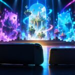 Duas consolas portáteis genéricas diante de portais coloridos que representam diferentes mundos de videojogos.