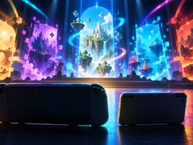 Duas consolas portáteis genéricas diante de portais coloridos que representam diferentes mundos de videojogos.