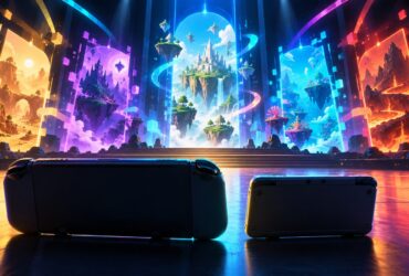 Duas consolas portáteis genéricas diante de portais coloridos que representam diferentes mundos de videojogos.