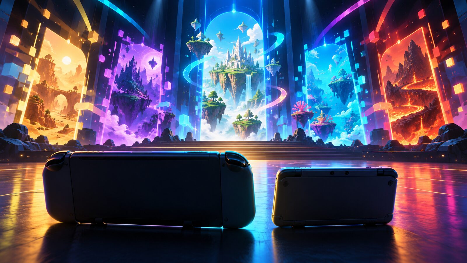 Duas consolas portáteis genéricas diante de portais coloridos que representam diferentes mundos de videojogos.
