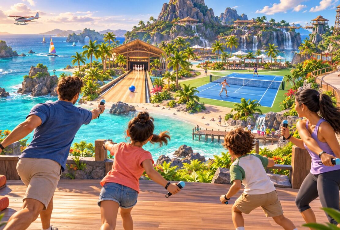 Ilustração de uma família a jogar com controlos por movimento diante de uma ilha tropical com ténis, bowling e skate.