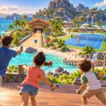 Ilustração de uma família a jogar com controlos por movimento diante de uma ilha tropical com ténis, bowling e skate.