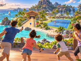 Ilustração de uma família a jogar com controlos por movimento diante de uma ilha tropical com ténis, bowling e skate.