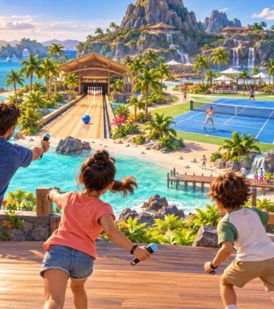 Ilustração de uma família a jogar com controlos por movimento diante de uma ilha tropical com ténis, bowling e skate.