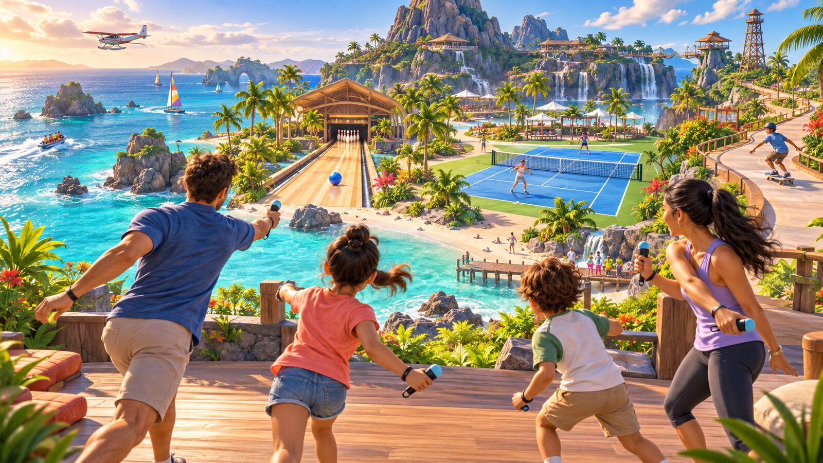 Ilustração de uma família a jogar com controlos por movimento diante de uma ilha tropical com ténis, bowling e skate.