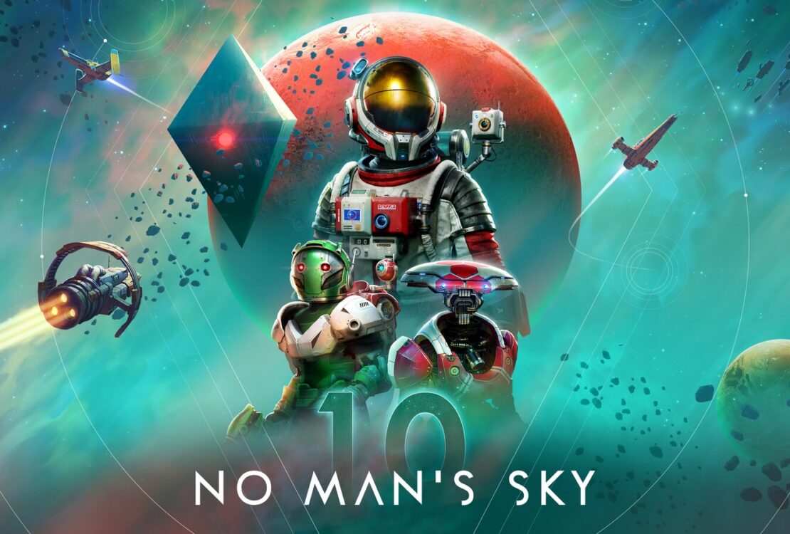 Arte oficial de No Man's Sky com astronautas, naves e planetas num cenário espacial.