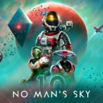 Arte oficial de No Man's Sky com astronautas, naves e planetas num cenário espacial.