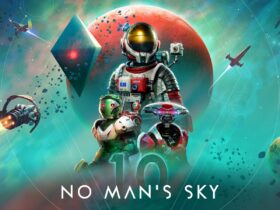 Arte oficial de No Man's Sky com astronautas, naves e planetas num cenário espacial.
