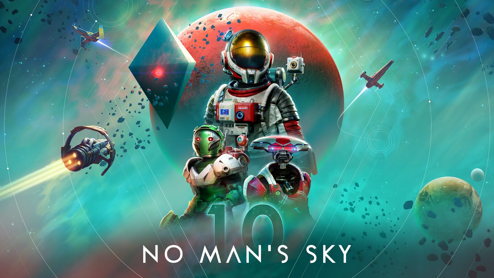 Arte oficial de No Man's Sky com astronautas, naves e planetas num cenário espacial.