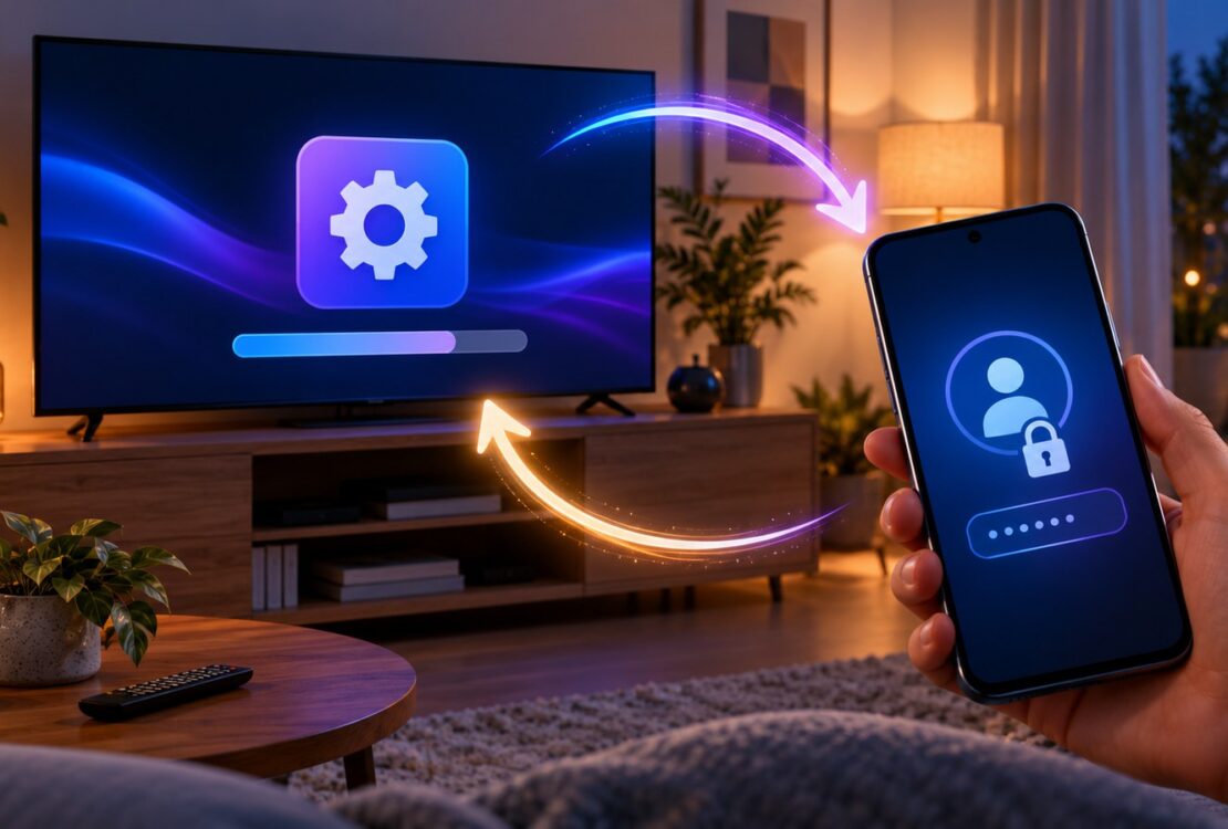 Ilustração de uma televisão a atualizar e de um telemóvel com símbolo de início de sessão seguro, ligados por setas luminosas.