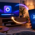 Ilustração de uma televisão a atualizar e de um telemóvel com símbolo de início de sessão seguro, ligados por setas luminosas.