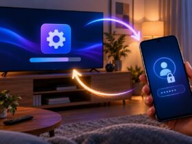 Ilustração de uma televisão a atualizar e de um telemóvel com símbolo de início de sessão seguro, ligados por setas luminosas.