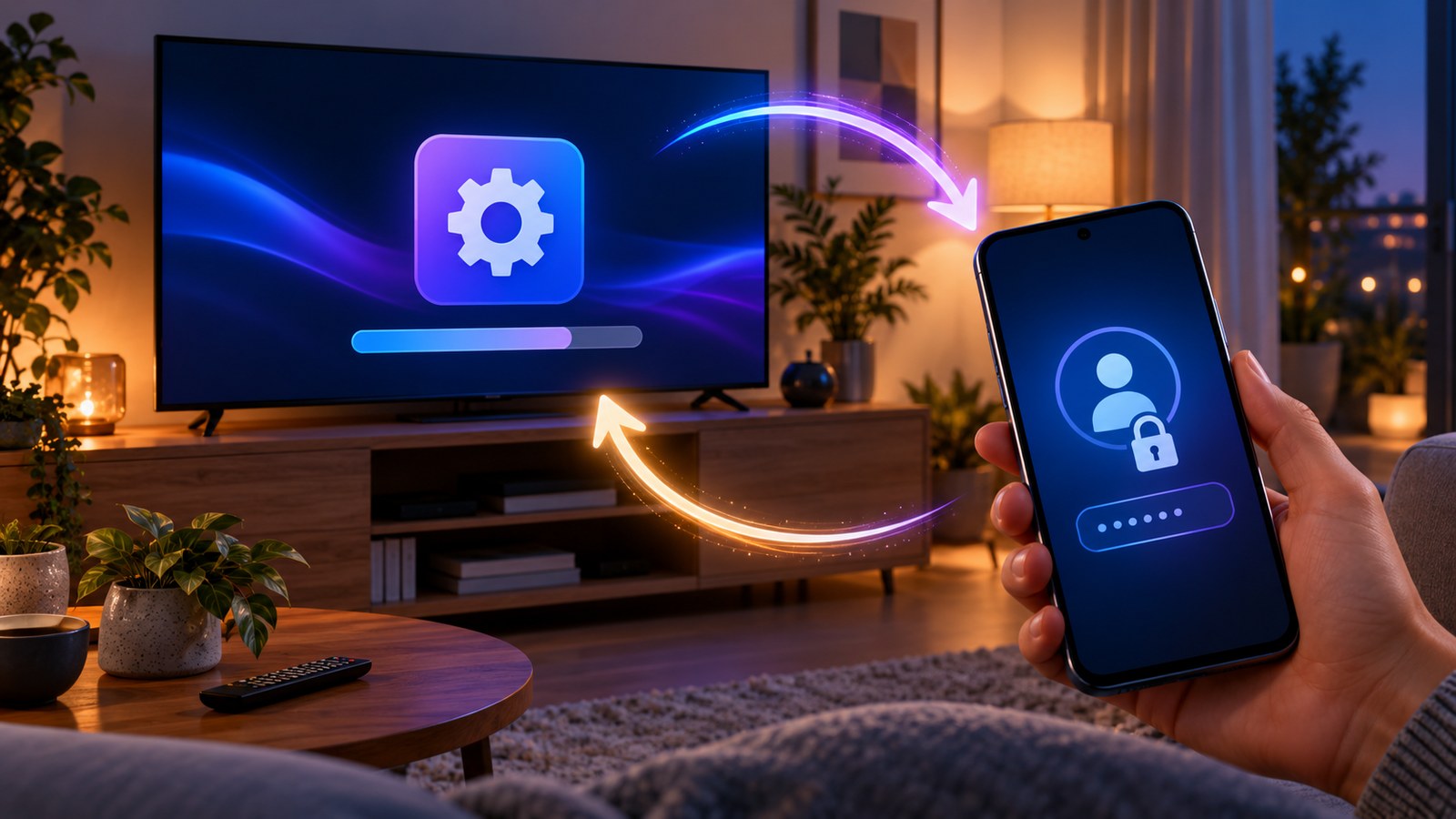 Ilustração de uma televisão a atualizar e de um telemóvel com símbolo de início de sessão seguro, ligados por setas luminosas.