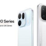 OPPO Find X10 e Find X10 Pro Max em azul glaciar e branco lunar, com os módulos de câmara traseiros em destaque.