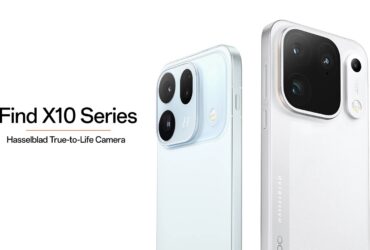OPPO Find X10 e Find X10 Pro Max em azul glaciar e branco lunar, com os módulos de câmara traseiros em destaque.