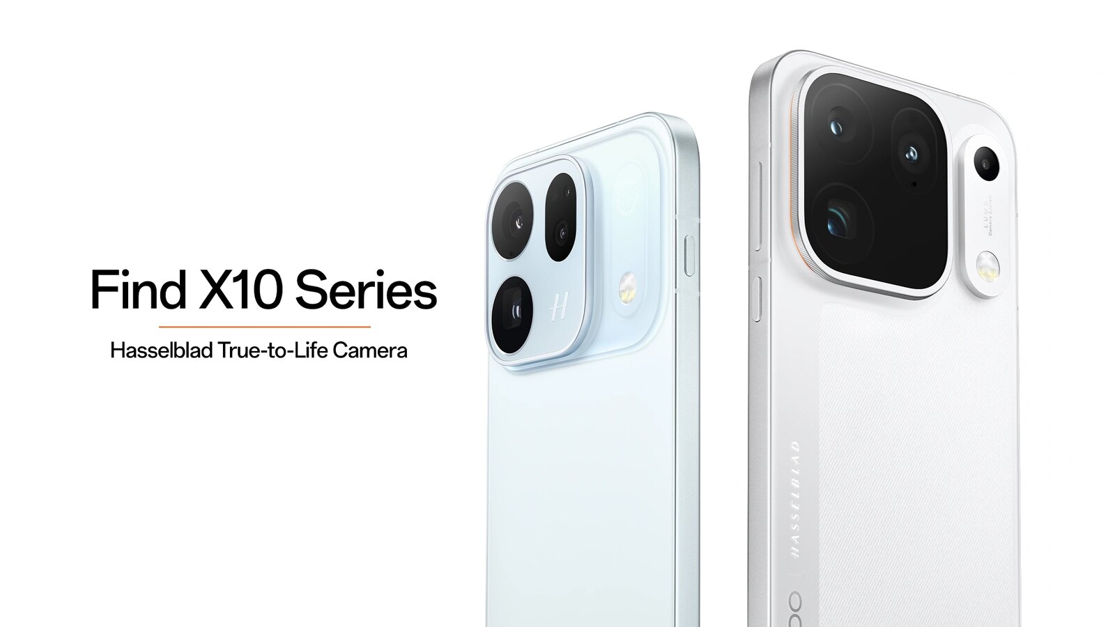 OPPO Find X10 e Find X10 Pro Max em azul glaciar e branco lunar, com os módulos de câmara traseiros em destaque.