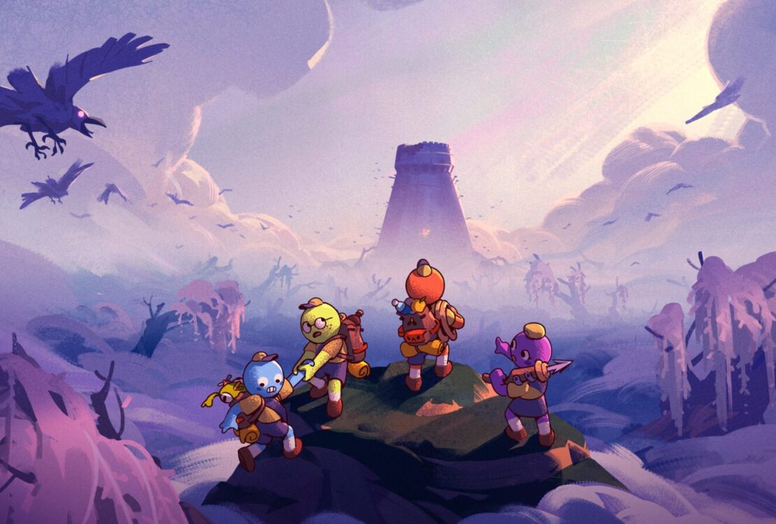Quatro personagens de PEAK atravessam uma montanha em direção a uma torre