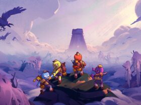 Quatro personagens de PEAK atravessam uma montanha em direção a uma torre