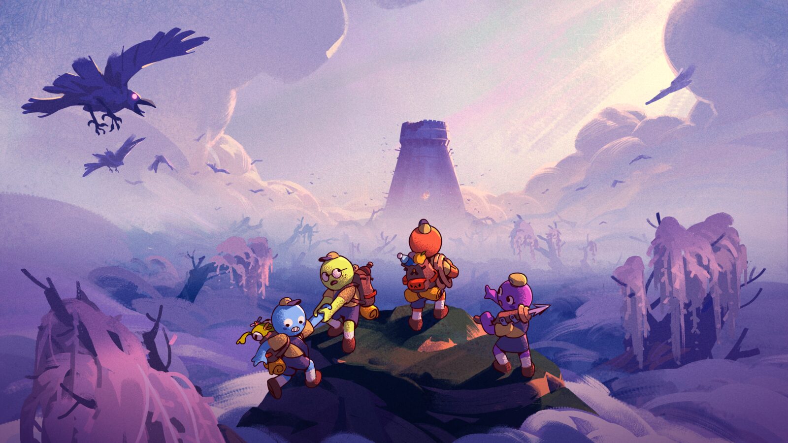 Quatro personagens de PEAK atravessam uma montanha em direção a uma torre