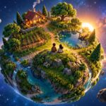Ilustração de um pequeno planeta no espaço com casa, horta, lago, árvores e duas pessoas sentadas a observar a paisagem.