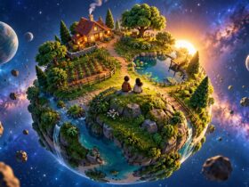 Ilustração de um pequeno planeta no espaço com casa, horta, lago, árvores e duas pessoas sentadas a observar a paisagem.
