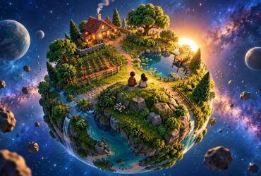 Ilustração de um pequeno planeta no espaço com casa, horta, lago, árvores e duas pessoas sentadas a observar a paisagem.