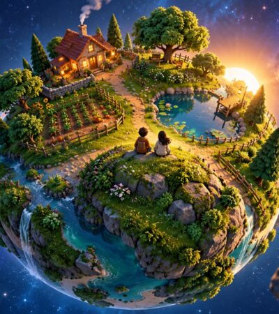 Ilustração de um pequeno planeta no espaço com casa, horta, lago, árvores e duas pessoas sentadas a observar a paisagem.