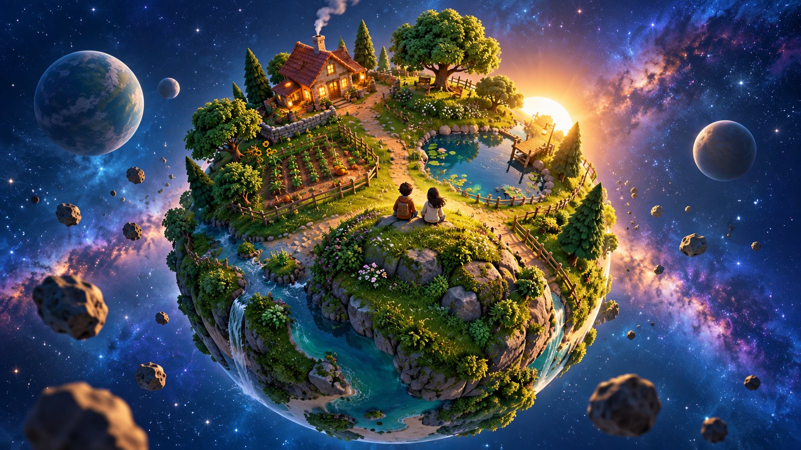 Ilustração de um pequeno planeta no espaço com casa, horta, lago, árvores e duas pessoas sentadas a observar a paisagem.
