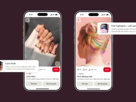 Dois telemóveis mostram exemplos de unhas e cabelo na funcionalidade Beauty Guides do Pinterest.