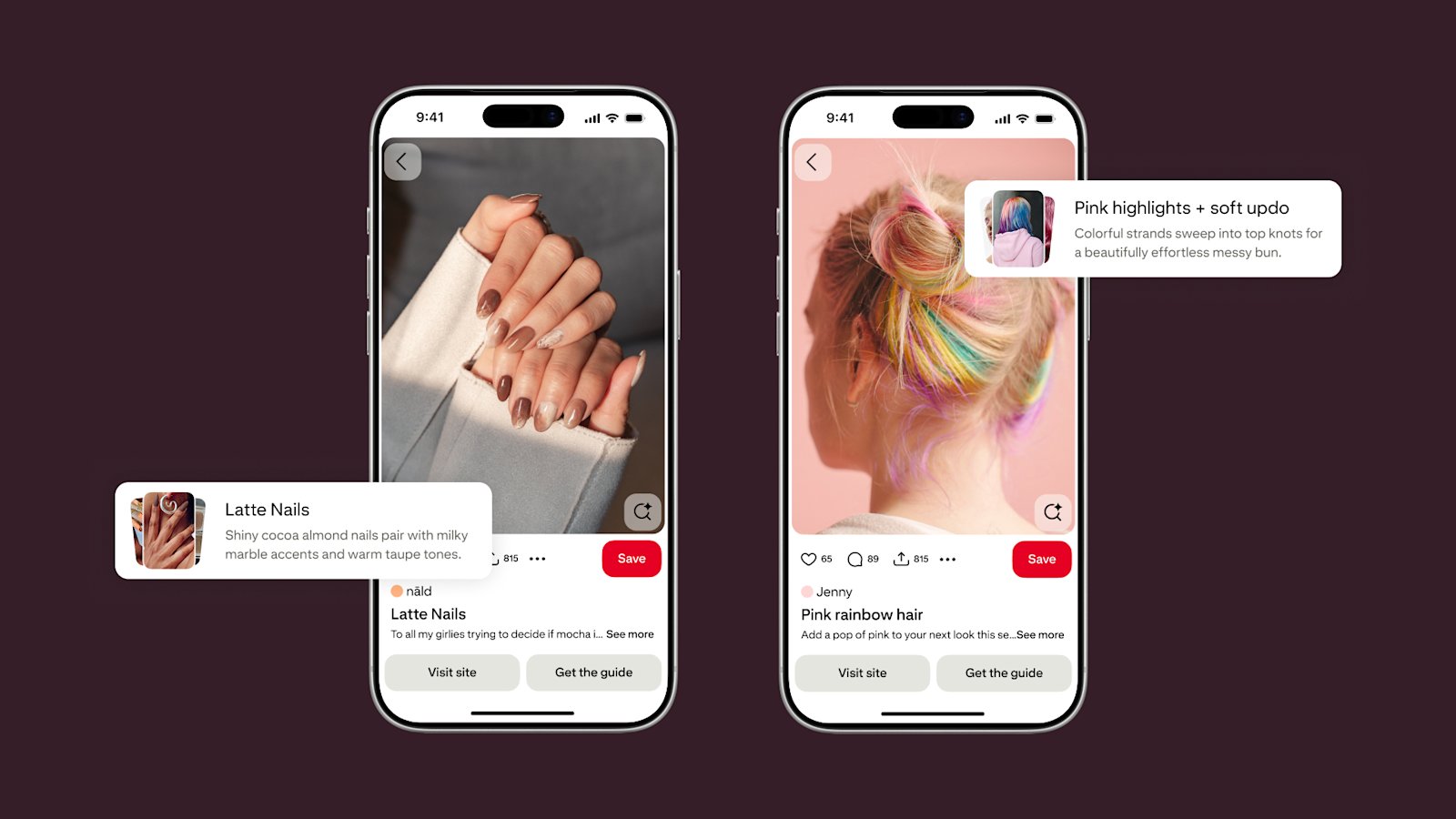 Dois telemóveis mostram exemplos de unhas e cabelo na funcionalidade Beauty Guides do Pinterest.