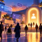 Pessoas caminham numa praça digital para um portal luminoso com símbolo de conta, rodeado por cartões abstratos de conversa