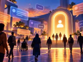 Pessoas caminham numa praça digital para um portal luminoso com símbolo de conta, rodeado por cartões abstratos de conversa
