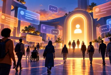 Pessoas caminham numa praça digital para um portal luminoso com símbolo de conta, rodeado por cartões abstratos de conversa