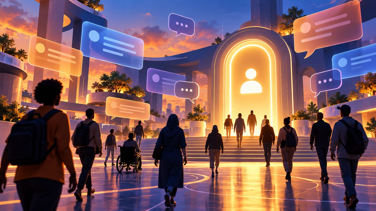 Pessoas caminham numa praça digital para um portal luminoso com símbolo de conta, rodeado por cartões abstratos de conversa