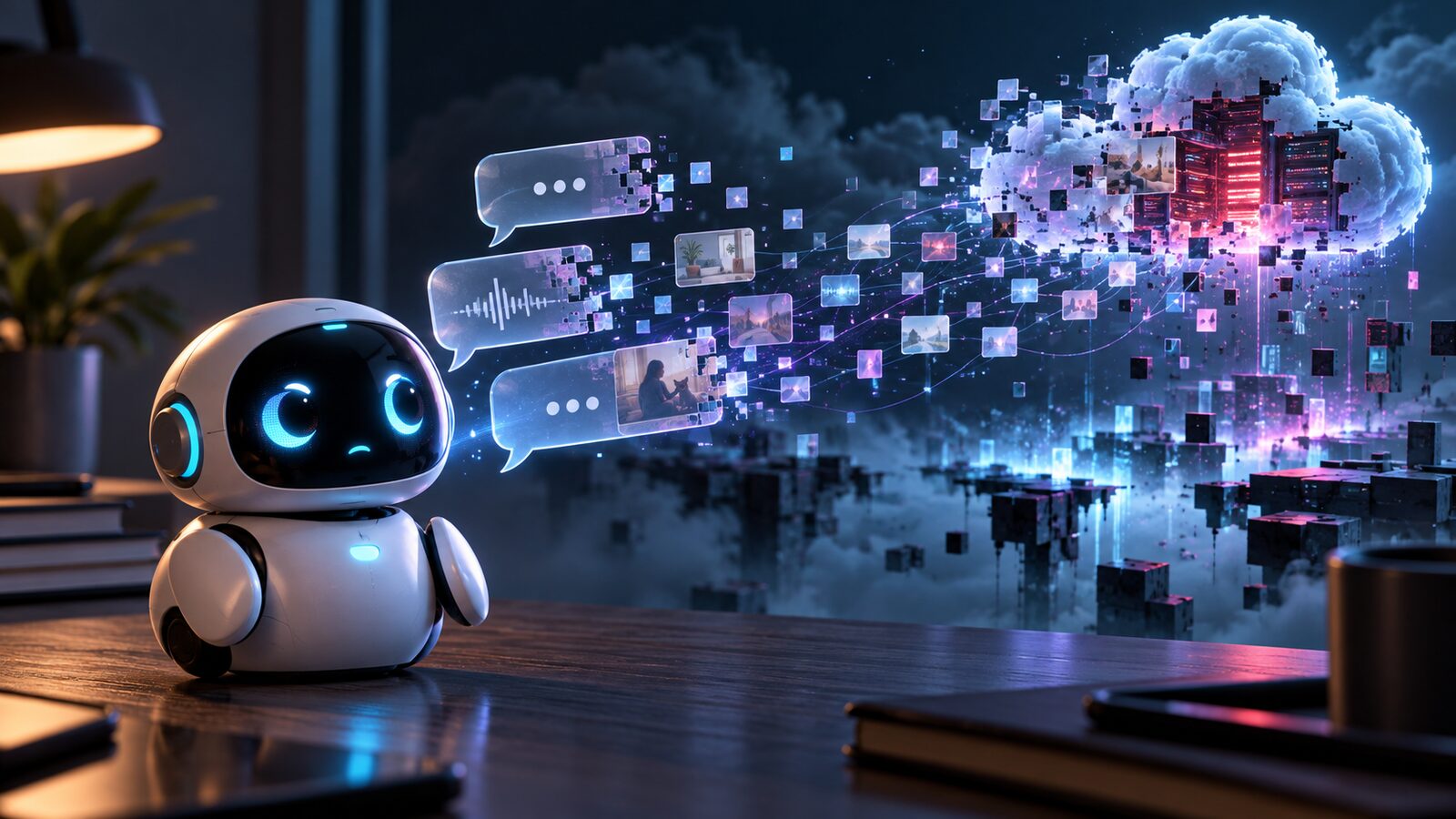 Ilustração de um pequeno robô de companhia junto a balões de conversa e dados a seguirem para uma nuvem digital exposta.