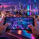 Mãos seguram um smartphone com um mapa urbano ilustrado, diante de uma cidade iluminada e junto a um comando de jogo.
