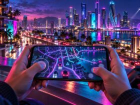 Mãos seguram um smartphone com um mapa urbano ilustrado, diante de uma cidade iluminada e junto a um comando de jogo.