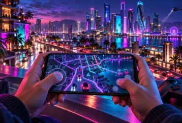 Mãos seguram um smartphone com um mapa urbano ilustrado, diante de uma cidade iluminada e junto a um comando de jogo.