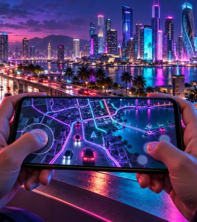 Mãos seguram um smartphone com um mapa urbano ilustrado, diante de uma cidade iluminada e junto a um comando de jogo.