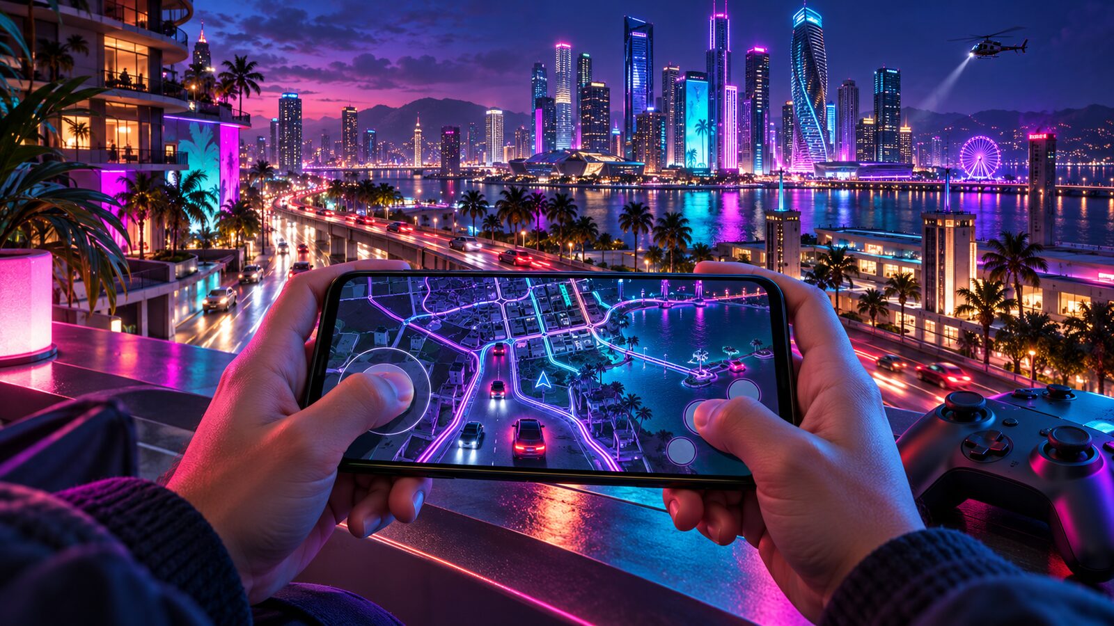 Mãos seguram um smartphone com um mapa urbano ilustrado, diante de uma cidade iluminada e junto a um comando de jogo.
