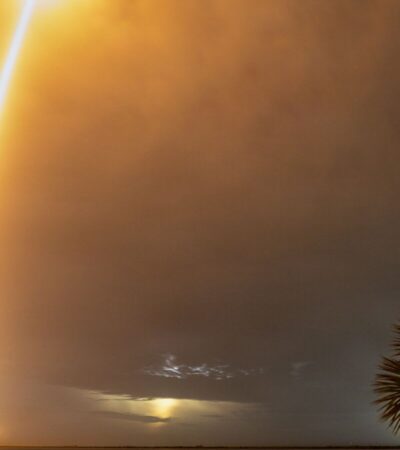 Rasto luminoso de um Falcon 9 com satélites Starlink durante um lançamento noturno, visto sobre a água e entre palmeiras.