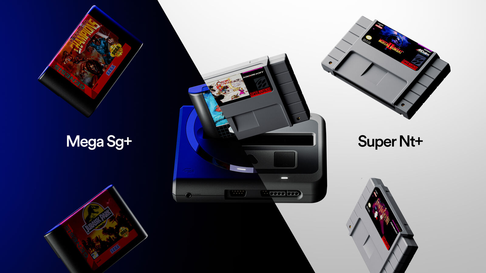 Consolas Super Nt+ e Mega Sg+ rodeadas por cartuchos de Super Nintendo e Sega Genesis.