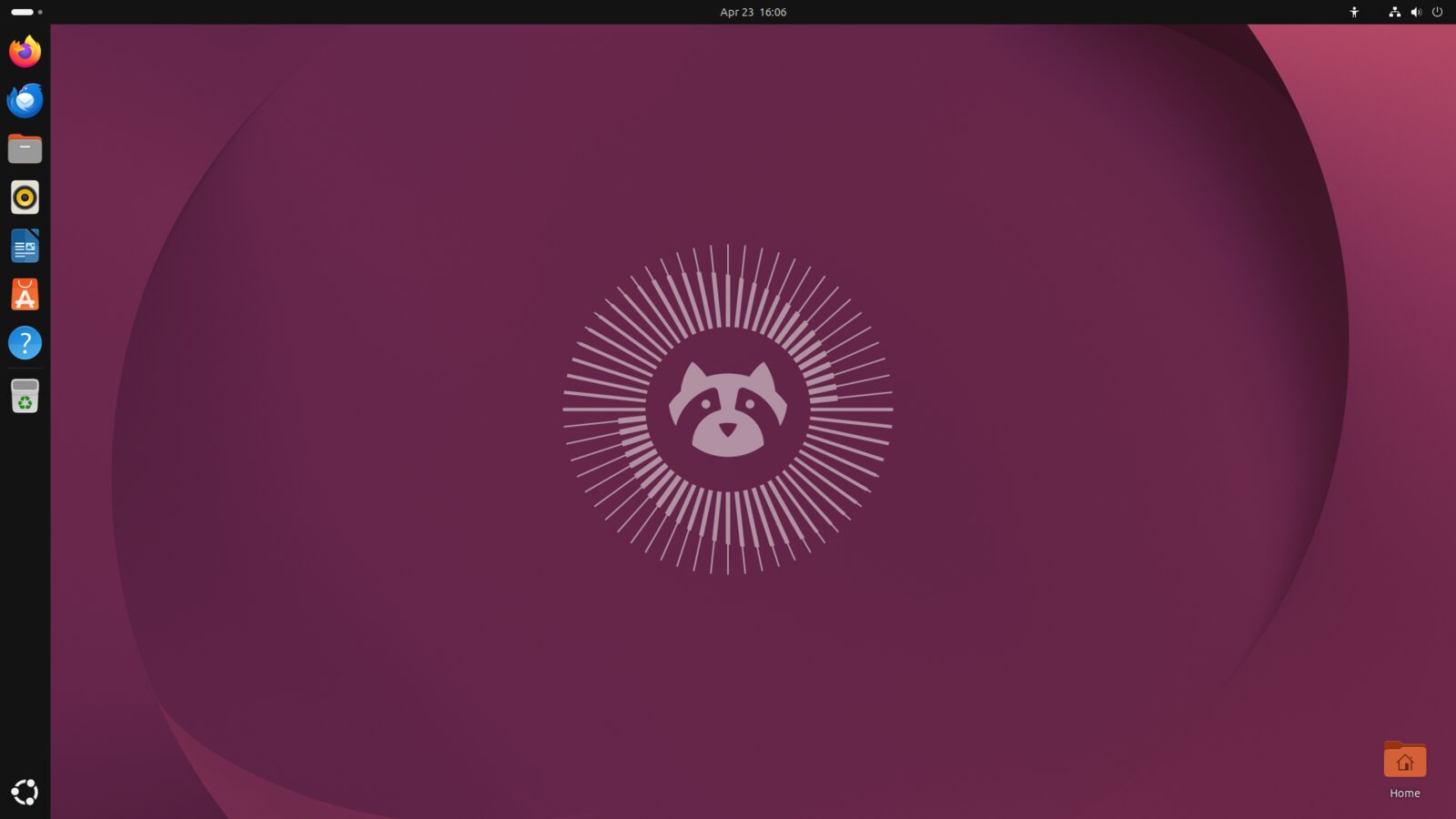 Ambiente de trabalho Ubuntu 26.04 LTS com fundo roxo e dock de aplicações à esquerda.