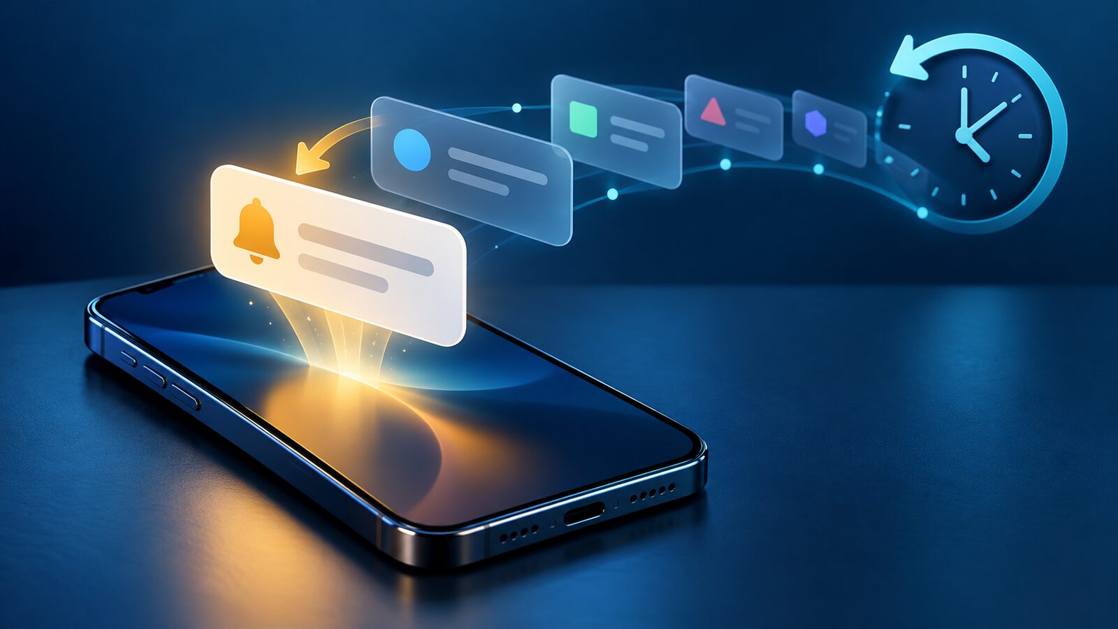 Ilustração editorial de um telemóvel com cartões de notificação a recuar numa linha temporal e um alerta recuperado em primeiro plano.