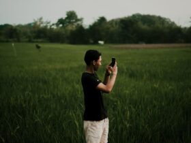 Homem usa um smartphone em um campo aberto cercado por vegetação.