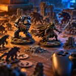 Ilustração de duas miniaturas, uma figura com armadura e uma aventureira, rodeadas de criaturas numa mesa, com um comando em primeiro plano.