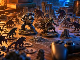Ilustração de duas miniaturas, uma figura com armadura e uma aventureira, rodeadas de criaturas numa mesa, com um comando em primeiro plano.